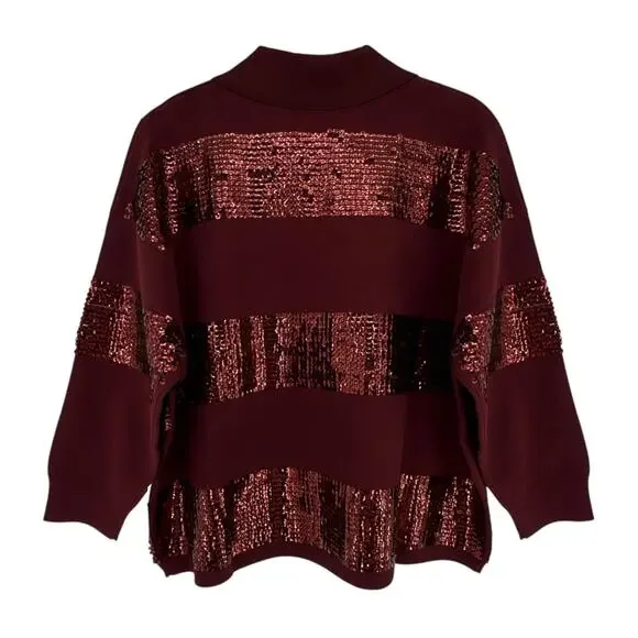 ESSENTIEL ANTWERP Illuminati Sequin Striped Polo Shirt in Wine S